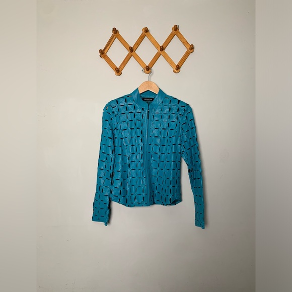 Women’s Akhesa Black Mesh Blue Leather Fitted Moto Jacket SZ M - Picture 1 of 8